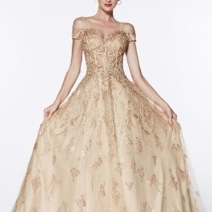 Drapey off-the-shoulder gown with adornments